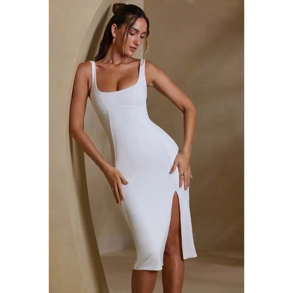 Oh Polly Square Neck Bodycon Midi Dress in White 2 - Picture 1 of 3